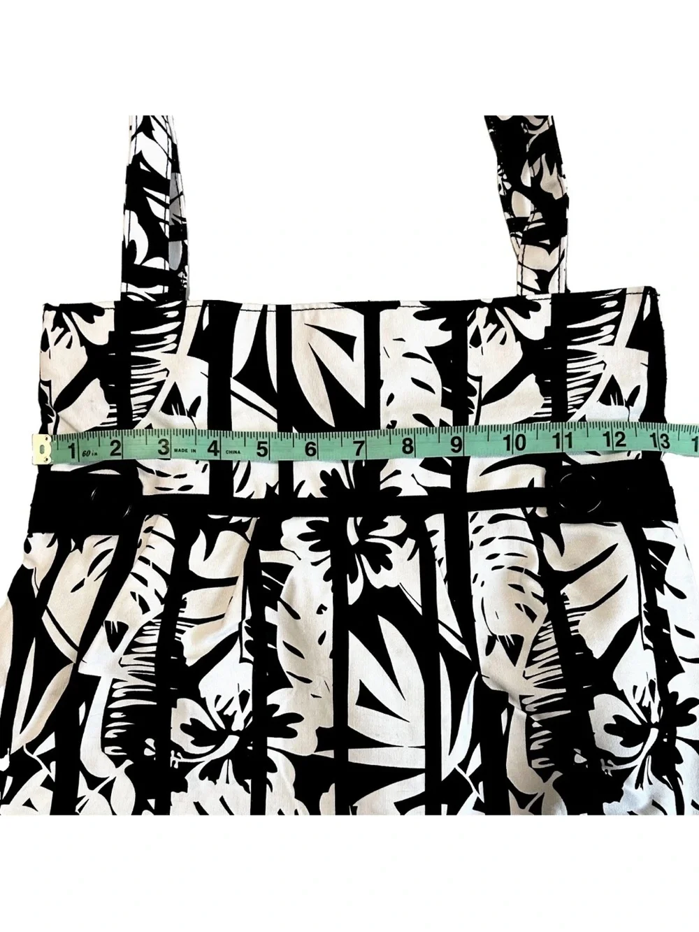 Woman Within Tropical Floral 100% Cotton Tote Black/White Button/Pleated Detail
